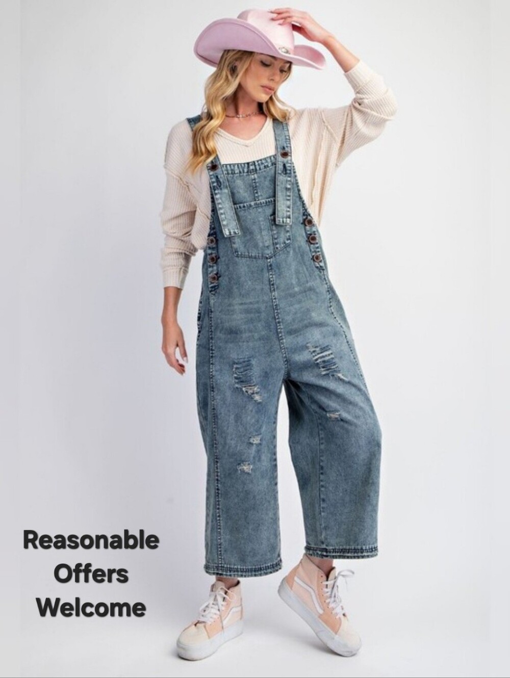 Distressed Light Blue Wide Leg Denim Women’s Overalls. Size Small